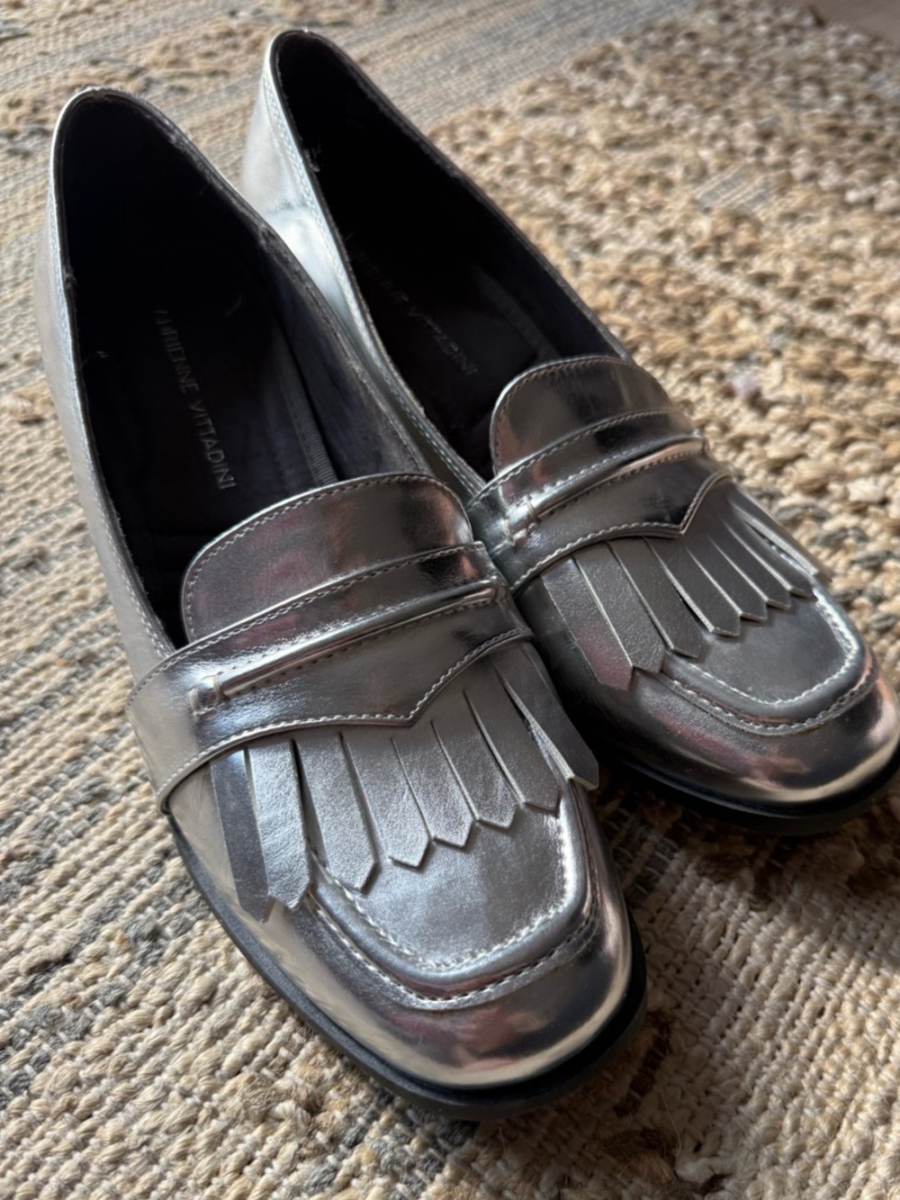 Metallic Silver Fringe Penny Loafer heels